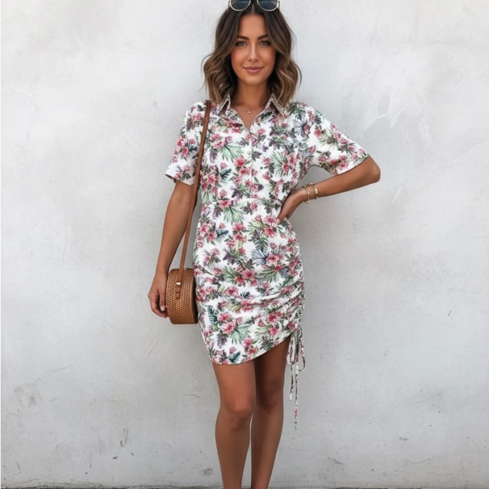 Les Reveries White Floral Collared Button Side Cinch Floral Dress Women's Size 0